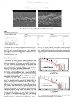 Author's personal copy
330 V. Carvalho et al. / Sensors and Actuators A 167 (2011) 327–331
Fig. 8. Electron microscope pictures of the 59 g/km (a) and 295 g/km (b) yarns analyzed.
Table 1
Statistical results parameterization.
Statistical parameters (yarns) 59 g/km 295 g/km
Capacitive sensor Optical sensors Capacitive sensor Optical sensors
Mean deviation (U) (%) 14.0 15.4 13.9 16.0
Coefﬁcient of variation (CV) (%) 19.6 18.3 17.5 20.6
40% Sensitivity thin places (/km) 25 20 12,800 12,600
40% Sensitivity thick places (/km) 56 152 11,400 37,800
200% Sensitivity neps (/km) 0 0 0 0
Hairiness index (H) (m/m) – 0.3 – 2.2
Standard deviation (H) (sH) (m/m) – 0.1 – 0.6
4 mm (Fig. 1), which can be measured directly by the standard sam-
ple length used. In this case, as in the hairiness measurement, a laser
source was used, permitting the deﬁnition of a linear saturation
zone with high directionally which enables a superior system sen-
sibility. The use of an incoherent light source would compromise
all these assumptions [10].
3. Experimental results
Considering the optical resolution of the yarn diameter and
hairiness measurements and the known relationship between yarn
linear mass (tex(g/km)) and diameter (m) (diameter = 0.060
√
tex)
[12]), it is possible to correctly determine the traditional yarn
parameters using only optical sensors[5,12]. In order to compare
these two systems, two 100% cotton yarns with a linear mass of 59
and 295 g/km linear mass yarn (Fig. 8) were evaluated.
The inﬂuence of hairiness on the capacitive sensor was on aver-
age, about 3E−11% in the 59 g/km yarn and 4E−11% in the 295 g/km
yarn, and so essentially negligible. Table 1 presents the statisti-
cal parameters obtained and Fig. 9, the signal processing results of
mass variation determined directly with the capacitive sensor and
inferred with the optical sensors.
As the data in Table 1 shows, regarding the main statisti-
cal parameters of mass (U%, CV% and irregularities) comparable
results are obtained from the capacitive and optical sensors, as
expected and in accordance to the previously presented relation-
ship between yarn linear mass and diameter except for the thick
places values. This can be explained by the higher resolution of the
optical method. As the optical sensor only considers the yarn core in
the measurements, it is more sensitive to deviations from the core
mean values in more than 40% thick places. On the other hand, the
fact that the capacitive sensors sample all of the yarn (core plus
protruding ﬁbres) results in these sensors being less sensitive to
small deviations in the width of the core. A hairiness index (H) of
0.3 m/m with a standard deviation (sH) of 0.1 m/m is obtained for
the 59 g/km yarn and a hairiness index of 2.2 m/m with a standard
deviation of 0.6 m/m is obtained for the 295 g/km yarn. Further-
more, as can be seen in Fig. 8a and b, a high number of similar
protruding peaks (indicated with arrows) where obtained over the
same wavelengths of mass variation and diameter variation char-
acterization indicating that equal pattern distributions are present
in both signals.
Fig. 9. Mass variation signal processing results based on the FFT (a). Arrows indicate
the presence of similar protruding peaks in both spectrograms.
 