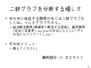 ニ部グラフを分析する嬉しさ
• 世の中に存在する関係の多くはニ部グラフも
  しくは，マルチグラフだから。
 – 政治献金関係(候補者と献金する団体), 雇用関係
   (会社と従業員),twitterのお気に入り(ユーザと
   お気に入りツイート),etc…


• その他メリット:
 – 教えてください。

              事例紹介 => 次スライド

                                 13
 