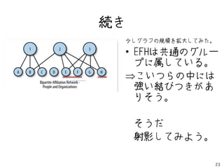 続き
 少しグラフの規模を拡大してみた。

 • EFHは共通のグルー
   プに属している。
 こいつらの中には
   強い結びつきがあ
   りそう。

 • そうだ
 • 射影してみよう。

                    23
 