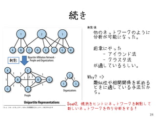 続き
          射影後
            他のネットワークのように
            分析が可能になった。

            前章にやった
              - アイランド法
射影            - クラスタ法
            が適しているらしい。

          Why? =>
            類似性や相関関係を求める
            ときに適している手法だか
            ら。

     Step2. 憶測をヒントにネットワークを射影して
     新しいネットワークを作り分析をする！
                             24
 