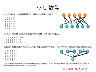 少し数学
           1       2           3       4           5



       A       B           C       D       E           F




                       1                       1
       A       B               C       E               F
                                   1
                           1               2
               1
                           D



           ※ 計算量 O(n * m * n)
                                                           27
 