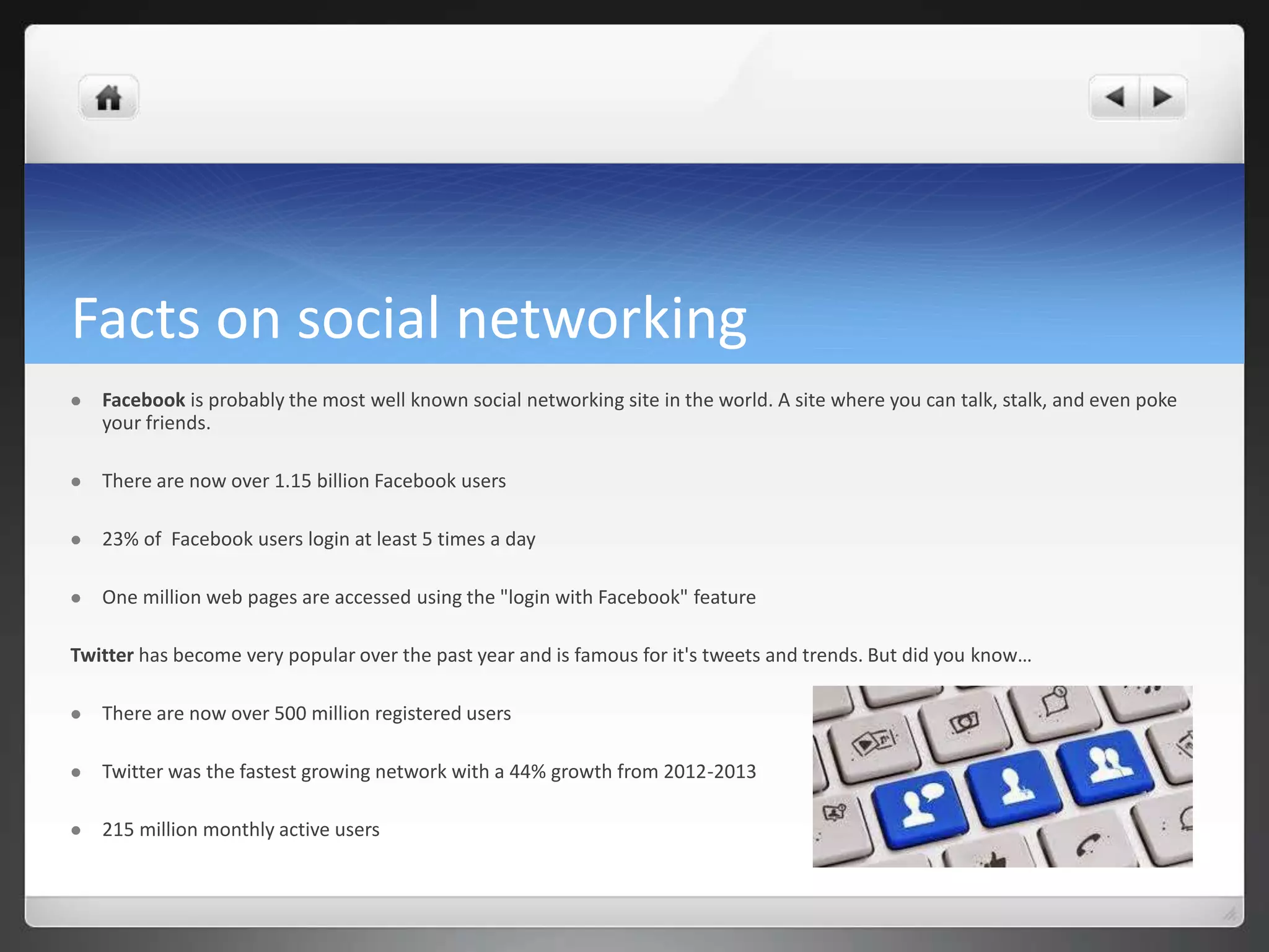 Facts on social networking 
 Facebook is probably the most well known social networking site in the world. A site where you can talk, stalk, and even poke 
your friends. 
 There are now over 1.15 billion Facebook users 
 23% of Facebook users login at least 5 times a day 
 One million web pages are accessed using the "login with Facebook" feature 
Twitter has become very popular over the past year and is famous for it's tweets and trends. But did you know… 
 There are now over 500 million registered users 
 Twitter was the fastest growing network with a 44% growth from 2012-2013 
 215 million monthly active users 
 