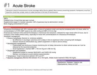 Developed by the Society for Neuroscience in Anesthesia and Critical Care 2018
#1 Acute Stroke
Stabilize Patient:
ABCs
Establish time of onset (time last seen normal).
Supplemental oxygen to maintain saturation >94% (hyperoxia may be detrimental in stroke)
Brain imaging (noncontrast CT scan)
Treatment:
Intravenous thrombolysis with rtPA: indicated within 3 hours of symptoms onset, and may be considered within 4.5 hours, when no
contraindication to IV tPA (SBP needs to be ≤185 mmHg and DBP ≤110 mm Hg).
Endovascular treatment (intra-arterial thrombolysis or mechanical clot extraction): indicated for major stroke within 6 hours, due to
occlusion of the middle cerebral artery, especially for those with contraindications for intravenous thrombolysis.
Anesthetic management:
• Choice of anesthesia: General vs. conscious sedation.
o No difference in neurologic outcomes and no delay in time to reperfusion when comparing both strategies
o Decision should be individualized (eg. patient cooperation or need to secure airway)
• Hemodynamic management:
o Preferentially use continuous invasive monitoring (do not delay intervention to obtain arterial access as it can be
obtained by the neurointerventionist)
o Avoid hypotension: maintain SBP > 140 mm Hg and <180 mm Hg.
• Oxygenation and ventilation:
o Supplement oxygen to maintain SpO2>92% and PaO2> 60 mmHg
o Maintain normocapnia to avoid cerebral vasoconstriction
• Temperature: Target temperature between 35°C and 37°.
• Glycemic management: Maintain BG between 70 to 140 mg/dL. Initiate insulin treatment if BG>140 mg/dL.
Risk Factors:
Hypertension, Diabetes, Tobacco use,
Hyperlipidemia, History of CAD
Alteration in level of consciousness or acute neurologic deficit (focal or global). Most common presenting symptoms: hemiparesis, visual loss,
dysarthria, facial drop, vertigo, ataxia or sudden decrease in the level of consciousness.
 