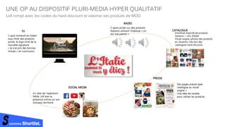 PRESSE
CATALOGUE
SOCIAL MEDIA
RADIO
TV
UNE OP AU DISPOSITIF PLURI-MEDIA HYPER QUALITATIF
Des pages presse type
catalogue au visuel
soigné +
Une idée de recette
pour utiliser les produits
3 spots pricés sur des produits
Italiamo utilisant l’habituel « on
est mal patron »
1 spot immersif en italien
sous-titré, des produits
pricés, le logo orné de la
nouvelle signature
« le vrai prix des bonnes
choses » en conclusion.
Un relai de l’opération
faible: Lidl axe sa
présence online sur son
nouveau territoire
Immense majorité de produits
italiamo + vins d’Italie
Visuel soigné, photos des produits
en situation, très loin des
catalogues hard discount.
Lidl rompt avec les codes du hard discount et valorise ses produits de MDD.
comme Shortlist.
 