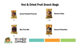 Nut & Dried Fruit Snack Bags
Mini Fruit Mix
Banana ChipsHoney Roasted Peanuts
3oz
4oz
1.75oz
Natural Pistachios
2.5oz
 