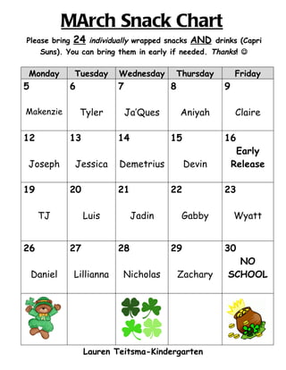MArch Snack Chart
Please bring   24  individually wrapped snacks AND drinks (Capri
      Suns). You can bring them in early if needed. Thanks! 

Monday         Tuesday     Wednesday     Thursday          Friday
5            6             7             8             9

Makenzie         Tyler         Ja’Ques       Aniyah        Claire

12           13            14            15            16
                                                            Early
Joseph         Jessica     Demetrius          Devin        Release

19           20            21            22            23

     TJ           Luis          Jadin        Gabby         Wyatt


26           27            28            29            30
                                                         NO
    Daniel     Lillianna   Nicholas          Zachary   SCHOOL




                  Lauren Teitsma-Kindergarten
 