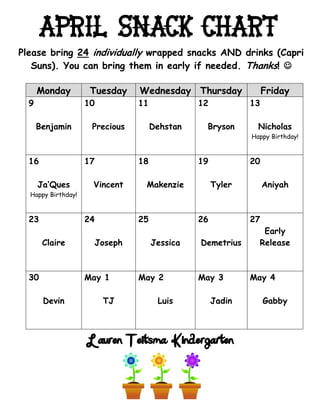 April Snack Chart
Please bring 24 individually wrapped snacks AND drinks (Capri
   Suns). You can bring them in early if needed. Thanks! 

      Monday         Tuesday    Wednesday Thursday               Friday
  9                 10          11             12           13

      Benjamin       Precious        Dehstan    Bryson        Nicholas
                                                            Happy Birthday!



  16                17          18             19           20

      Ja’Ques        Vincent     Makenzie           Tyler        Aniyah
  Happy Birthday!



  23                24          25             26           27
                                                               Early
       Claire        Joseph          Jessica   Demetrius      Release



  30                May 1       May 2          May 3        May 4

       Devin             TJ           Luis          Jadin        Gabby




                    Lauren Teitsma-Kindergarten
 
