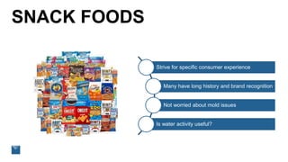 SNACK FOODS
Strive for specific consumer experience
Many have long history and brand recognition
Not worried about mold issues
Is water activity useful?
 