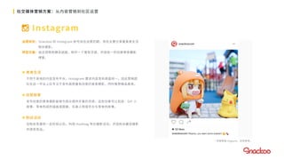 社交媒体营销方案：从内容营销到社区运营
 Instagram
 美食生活
不同于其他的内容发布平台，Instagram 要求内容发布高度统一。因此营销团
队在这一平台上应专注于发布高质量有创意的美食摄影，同时推荐精品美食。
 创意故事
发布创意的美食摄影能够为观众提供丰富的灵感，这些创意可以包括：GIF 小
故事、零食构成的插画或图案、乐高人物或手办与零食的故事。
 粉丝活动
在粉丝发展到一定阶段以后，利用 Hashtag 举办摄影活动，评选粉丝最佳摄影
并颁发奖品。
运营现状：Snackoo 的 Instagram 账号尚在运营初期，现在主要分享着美食生活
相关摄影。
转型方案：结合视频和静态画面，制作一个富有灵感、内容统一的创意美食攝影
博客。
* 內容转自 imgsum，仅供参考。
 