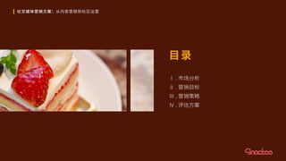 社交媒体营销方案：从内容营销到社区运营
目录
Ⅰ . 市场分析
Ⅱ . 营销目标
Ⅲ . 营销策略
Ⅳ . 评估方案
 