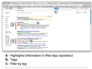A - Highlights (information in Web App repository)
B - Tags
C - Filter by tag
 