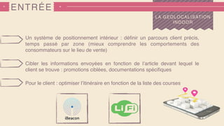 ENTRÉE
LA GEOLOCALISATION
INDOOR
Un système de positionnement intérieur : déﬁnir un parcours client précis,
temps passé par zone (mieux comprendre les comportements des
consommateurs sur le lieu de vente)
Cibler les informations envoyées en fonction de l’article devant lequel le
client se trouve : promotions ciblées, documentations spéciﬁques
Pour le client : optimiser l’itinéraire en fonction de la liste des courses
 
