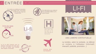 ENTRÉE
LI-FI
x10
UNE LUMIERE CONTEXTUELLE
La lumière, selon le contexte, va délivrer
un contenu à l’utilisateur (informatif,
interactif, publicité, promotion...)
Une solution au problème de saturation
de la bande WIFi  (Une bande
10 000 fois plus large que
la bande Wiﬁ)
10 fois plus rapide
que le Wiﬁ
Là où le Wiﬁ traverse murs et
plafonds, l’information LIFI reste, dans
le cône de lumière, donc conﬁnée
dans l’espace, et sécurisée
Une alternative aux ondes et
leurs possibles effets sur le
corps humain
Etre dans tous
les lieux où le
wiﬁ n’est pas le
bienvenue
Internet dans
les transports
 