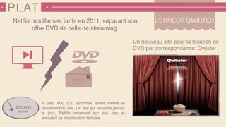 PLAT
L’ERREUR QWISTER
800 000
abonnés
Netﬂix modiﬁe ses tarifs en 2011, séparant son
offre DVD de celle de streaming
Il perd 800 000 abonnés avant même le
lancement du site. Un site qui ne verra jamais
le jour, Netﬂix revenant sur ses pas et
annulant sa modiﬁcation tarifaire
Un nouveau site pour la location de
DVD par correspondance: Qwister
 