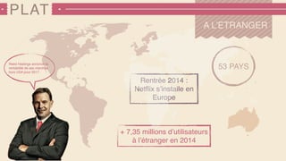 PLAT
A L’ETRANGER
+ 7,35 millions d’utilisateurs
à l’étranger en 2014
Rentrée 2014 :
Netﬂix s’installe en
Europe
Reed Hastings annonce la
rentabilité de ses marchés
hors USA pour 2017.
53 PAYS
 