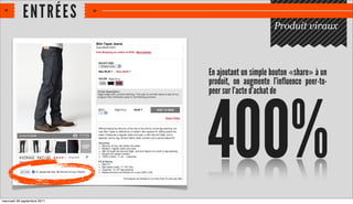 E NT RÉES
                                                   Produit viraux



                             En ajoutant un simple bouton «share» à un
                             produit, on augmente l’influence peer-to-




                             400%
                             peer sur l’acte d’achat de




mercredi 28 septembre 2011
 