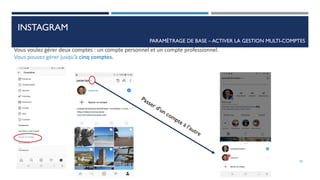 PARAMÈTRAGE DE BASE – ACTIVER LA GESTION MULTI-COMPTES
Vous voulez gérer deux comptes : un compte personnel et un compte professionnel.
Vous pouvez gérer jusqu’à cinq comptes.
28
INSTAGRAM
 