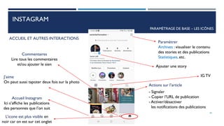 INSTAGRAM
PARAMÈTRAGE DE BASE – LES ICÔNES
Accueil Instagram
Ici s’affiche les publications
des personnes que l’on suit
L’icone est plus visible en
noir car on est sur cet onglet
Paramétrer
Archives : visualiser le contenu
des stories et des publications
Statistiques, etc.
Actions sur l’article
- Signaler
- Copier l’URL de publication
- Activer/désactiver
les notifications des publications
Commentaires
Lire tous les commentaires
et/ou ajouter le sien
J’aime
On peut aussi tapoter deux fois sur la photo
ACCUEIL ET AUTRES INTERACTIONS
Ajouter une story
38
IG TV
 