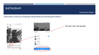INSTAGRAM
INSTAGRAM DIRECT
ENVOYER A UNE OU PLUSIEURS PERSONNESVIA INSTAGRAM DIRECT
On peut créer des groupes
61
 