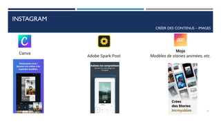 INSTAGRAM
CRÉER DES CONTENUS – IMAGES
Canva
Adobe Spark Post
Mojo
Modèles de stories animées, etc.
72
 