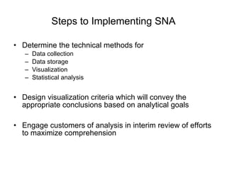 Steps to Implementing SNA <ul><li>Determine the technical methods for </li></ul><ul><ul><li>Data collection </li></ul></ul...