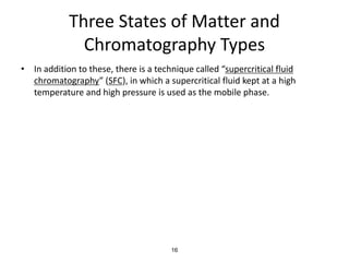 Three States of Matter and
Chromatography Types
• In addition to these, there is a technique called “supercritical fluid
chromatography” (SFC), in which a supercritical fluid kept at a high
temperature and high pressure is used as the mobile phase.
16
 