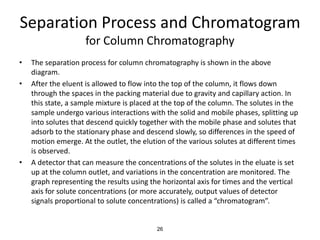 Separation Process and Chromatogram
for Column Chromatography
• The separation process for column chromatography is shown in the above
diagram.
• After the eluent is allowed to flow into the top of the column, it flows down
through the spaces in the packing material due to gravity and capillary action. In
this state, a sample mixture is placed at the top of the column. The solutes in the
sample undergo various interactions with the solid and mobile phases, splitting up
into solutes that descend quickly together with the mobile phase and solutes that
adsorb to the stationary phase and descend slowly, so differences in the speed of
motion emerge. At the outlet, the elution of the various solutes at different times
is observed.
• A detector that can measure the concentrations of the solutes in the eluate is set
up at the column outlet, and variations in the concentration are monitored. The
graph representing the results using the horizontal axis for times and the vertical
axis for solute concentrations (or more accurately, output values of detector
signals proportional to solute concentrations) is called a “chromatogram”.
26
 