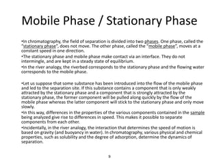 Mobile Phase / Stationary Phase
•In chromatography, the field of separation is divided into two phases. One phase, called the
“stationary phase”, does not move. The other phase, called the “mobile phase”, moves at a
constant speed in one direction.
•The stationary phase and mobile phase make contact via an interface. They do not
intermingle, and are kept in a steady state of equilibrium.
•In the river analogy, the riverbed corresponds to the stationary phase and the flowing water
corresponds to the mobile phase.
•Let us suppose that some substance has been introduced into the flow of the mobile phase
and led to the separation site. If this substance contains a component that is only weakly
attracted by the stationary phase and a component that is strongly attracted by the
stationary phase, the former component will be pulled along quickly by the flow of the
mobile phase whereas the latter component will stick to the stationary phase and only move
slowly.
•In this way, differences in the properties of the various components contained in the sample
being analyzed give rise to differences in speed. This makes it possible to separate
components from each other.
•Incidentally, in the river analogy, the interaction that determines the speed of motion is
based on gravity (and buoyancy in water). In chromatography, various physical and chemical
properties, such as solubility and the degree of adsorption, determine the dynamics of
separation.
9
 