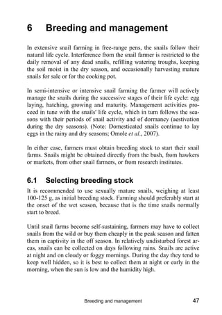 Breeding and management 47
6 Breeding and management
In extensive snail farming in free-range pens, the snails follow their
natural life cycle. Interference from the snail farmer is restricted to the
daily removal of any dead snails, refilling watering troughs, keeping
the soil moist in the dry season, and occasionally harvesting mature
snails for sale or for the cooking pot.
In semi-intensive or intensive snail farming the farmer will actively
manage the snails during the successive stages of their life cycle: egg
laying, hatching, growing and maturity. Management activities pro-
ceed in tune with the snails' life cycle, which in turn follows the sea-
sons with their periods of snail activity and of dormancy (aestivation
during the dry seasons). (Note: Domesticated snails continue to lay
eggs in the rainy and dry seasons; Omole et al., 2007).
In either case, farmers must obtain breeding stock to start their snail
farms. Snails might be obtained directly from the bush, from hawkers
or markets, from other snail farmers, or from research institutes.
6.1 Selecting breeding stock
It is recommended to use sexually mature snails, weighing at least
100-125 g, as initial breeding stock. Farming should preferably start at
the onset of the wet season, because that is the time snails normally
start to breed.
Until snail farms become self-sustaining, farmers may have to collect
snails from the wild or buy them cheaply in the peak season and fatten
them in captivity in the off season. In relatively undisturbed forest ar-
eas, snails can be collected on days following rains. Snails are active
at night and on cloudy or foggy mornings. During the day they tend to
keep well hidden, so it is best to collect them at night or early in the
morning, when the sun is low and the humidity high.
 