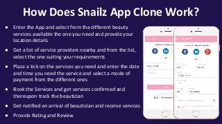 How Does Snailz App Clone Work?
● Enter the App and select from the different beauty
services available the one you need and provide your
location details
● Get a list of service providers nearby and from the list,
select the one suiting your requirements
● Place a tick on the services you need and enter the date
and time you need the service and select a mode of
payment from the different ones
● Book the Services and get services confirmed and
thereupon track the beautician
● Get notified on arrival of beautician and receive services
● Provide Rating and Review
 