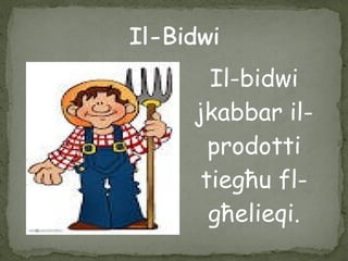 Il-bidwi
jkabbar il-
prodotti
tiegħu fl-
għelieqi.
 
