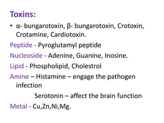 Toxins:
• α- bungarotoxin, β- bungarotoxin, Crotoxin,
Crotamine, Cardiotoxin.
Peptide - Pyroglutamyl peptide
Nucleoside - Adenine, Guanine, Inosine.
Lipid - Phospholipid, Cholestrol
Amine – Histamine – engage the pathogen
infection
Serotonin – affect the brain function
Metal - Cu,Zn,Ni,Mg.
 