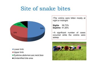 Site of snake bites
50%
32%
10%
8%
Lower limb
Upper limb
Eyebrow,abdomen,ear,neck,face
Unidentified bite area
•The victims were bitten mostly at
night or midnight:
Nights 58.73%
Daytime 41.26%
• A significant number of cases
occurred while the victims were
asleep
 
