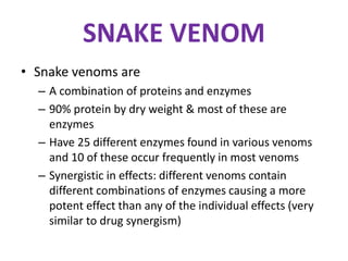 SNAKE VENOM
• Snake venoms are
– A combination of proteins and enzymes
– 90% protein by dry weight & most of these are
enzymes
– Have 25 different enzymes found in various venoms
and 10 of these occur frequently in most venoms
– Synergistic in effects: different venoms contain
different combinations of enzymes causing a more
potent effect than any of the individual effects (very
similar to drug synergism)
 