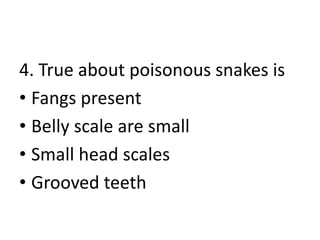4. True about poisonous snakes is
• Fangs present
• Belly scale are small
• Small head scales
• Grooved teeth
 