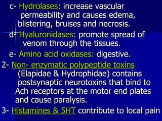 c-  Hydrolases : increase vascular  permeability and causes edema,  blistering, bruises and necrosis.  d-  Hyaluronidases:  promote spread of  venom through the tissues. e-  Amino acid oxidases:  digestive. 2-  Non- enzymatic polypeptide toxins   (Elapidae & Hydrophidae) contains  postsynaptic neurotoxins that bind to  Ach receptors at the motor end plates  and cause paralysis.  3-  Histamines & 5HT  contribute to local pain 