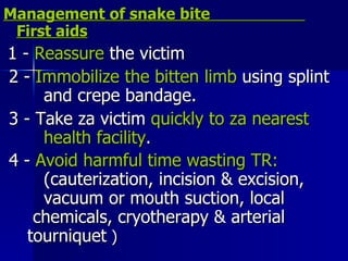 Management of snake bite  First aids 1 -  Reassure  the victim 2 -  Immobilize the bitten limb  using splint  and crepe bandage. 3 - Take za victim  quickly to za nearest  health   facility . 4 -  Avoid harmful time wasting TR:   (cauterization, incision & excision,  vacuum or mouth suction, local  chemicals, cryotherapy & arterial  tourniquet  )  