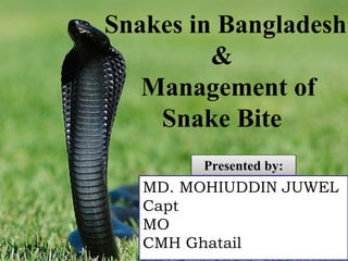 Presented by:
MD. MOHIUDDIN JUWEL
Capt
MO
CMH Ghatail
Snakes in Bangladesh
&
Management of
Snake Bite
 