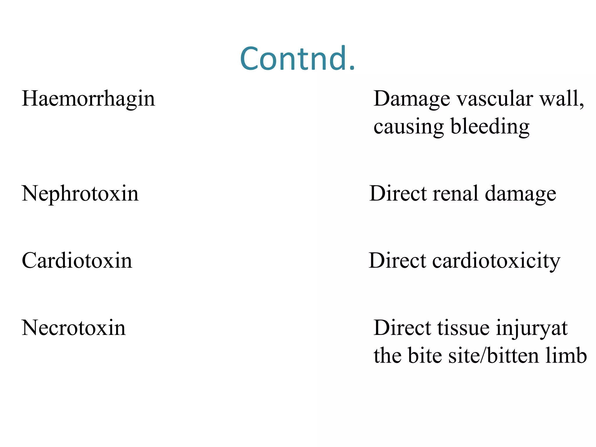 Contnd.
Haemorrhagin Damage vascular wall,
causing bleeding
Nephrotoxin Direct renal damage
Cardiotoxin Direct cardiotoxicity
Necrotoxin Direct tissue injuryat
the bite site/bitten limb
 