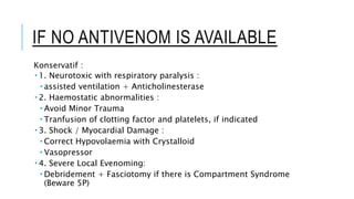 IF NO ANTIVENOM IS AVAILABLE
Konservatif :
 1. Neurotoxic with respiratory paralysis :
 assisted ventilation + Anticholinesterase
 2. Haemostatic abnormalities :
 Avoid Minor Trauma
 Tranfusion of clotting factor and platelets, if indicated
 3. Shock / Myocardial Damage :
 Correct Hypovolaemia with Crystalloid
 Vasopressor
 4. Severe Local Evenoming:
 Debridement + Fasciotomy if there is Compartment Syndrome
(Beware 5P)
 