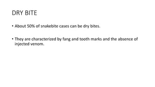 DRY BITE
• About 50% of snakebite cases can be dry bites.
• They are characterized by fang and tooth marks and the absence of
injected venom.
 