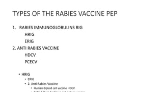 TYPES OF THE RABIES VACCINE PEP
1. RABIES IMMUNOGLOBULINS RIG
HRIG
ERIG
2. ANTI RABIES VACCINE
HDCV
PCECV
• HRIG
• ERIG
• 2. Anti Rabies Vaccine
• Human diploid cell vaccine HDCV
 