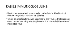 RABIES IMMUNOGLOBULINS
• Rabies immunoglobulins are special neutralizinf antibodies that
immediately neutralize virus on contqct.
• Tabies iimunoglobukins gives a coating to the virus so that it cannot
enter the nerveending resulting in reduction or total obliteration of
inoculated virus
 