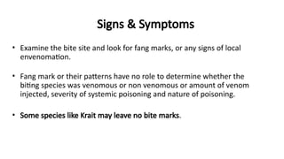 Signs & Symptoms
• Examine the bite site and look for fang marks, or any signs of local
envenomation.
• Fang mark or their patterns have no role to determine whether the
biting species was venomous or non venomous or amount of venom
injected, severity of systemic poisoning and nature of poisoning.
• Some species like Krait may leave no bite marks.
 