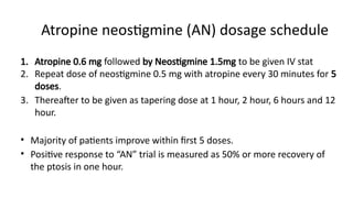 Atropine neostigmine (AN) dosage schedule
1. Atropine 0.6 mg followed by Neostigmine 1.5mg to be given IV stat
2. Repeat dose of neostigmine 0.5 mg with atropine every 30 minutes for 5
doses.
3. Thereafter to be given as tapering dose at 1 hour, 2 hour, 6 hours and 12
hour.
• Majority of patients improve within first 5 doses.
• Positive response to “AN” trial is measured as 50% or more recovery of
the ptosis in one hour.
 