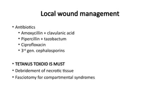 Local wound management
• Antibiotics
• Amoxycillin + clavulanic acid
• Pipercillin + tazobactum
• Ciprofloxacin
• 3rd
gen. cephalosporins
• TETANUS TOXOID IS MUST
• Debridement of necrotic tissue
• Fasciotomy for compartmental syndromes
 