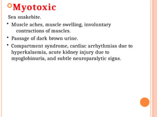 Myotoxic
Sea snakebite.
• Muscle aches, muscle swelling, involuntary
contractions of muscles.
• Passage of dark brown urine.
• Compartment syndrome, cardiac arrhythmias due to
hyperkalaemia, acute kidney injury due to
myoglobinuria, and subtle neuroparalytic signs.
 