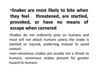 •Snakes do not ordinarily prey on humans and
most will not attack humans unless the snake is
startled or injured, preferring instead to avoid
contact.
•non-venomous snakes are usually not a threat to
humans. venomous snakes present far greater
hazard to humans
•Snakes are most likely to bite when
they feel threatened, are startled,
provoked, or have no means of
escape when cornered
 