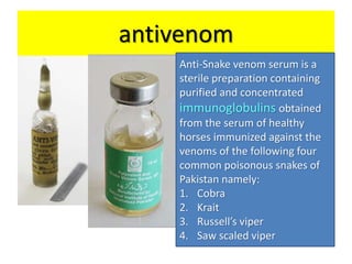 antivenom
Anti-Snake venom serum is a
sterile preparation containing
purified and concentrated
immunoglobulins obtained
from the serum of healthy
horses immunized against the
venoms of the following four
common poisonous snakes of
Pakistan namely:
1. Cobra
2. Krait
3. Russell’s viper
4. Saw scaled viper
 