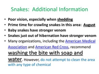 Snakes: Additional Information
• Poor vision, especially when shedding
• Prime time for crawling snakes in this area: August
• Baby snakes have stronger venom
• Snakes just out of hibernation have stronger venom
• Many organizations, including the American Medical
Association and American Red Cross, recommend
washing the bite with soap and
water. However, do not attempt to clean the area
with any type of chemical
 